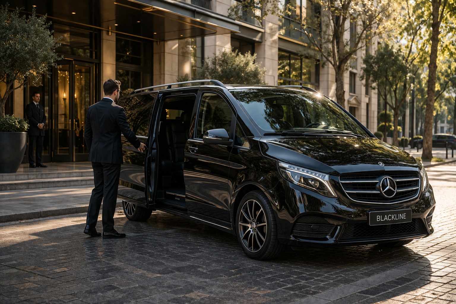 Vehículo ejecutivo premium en la entrada de un hotel