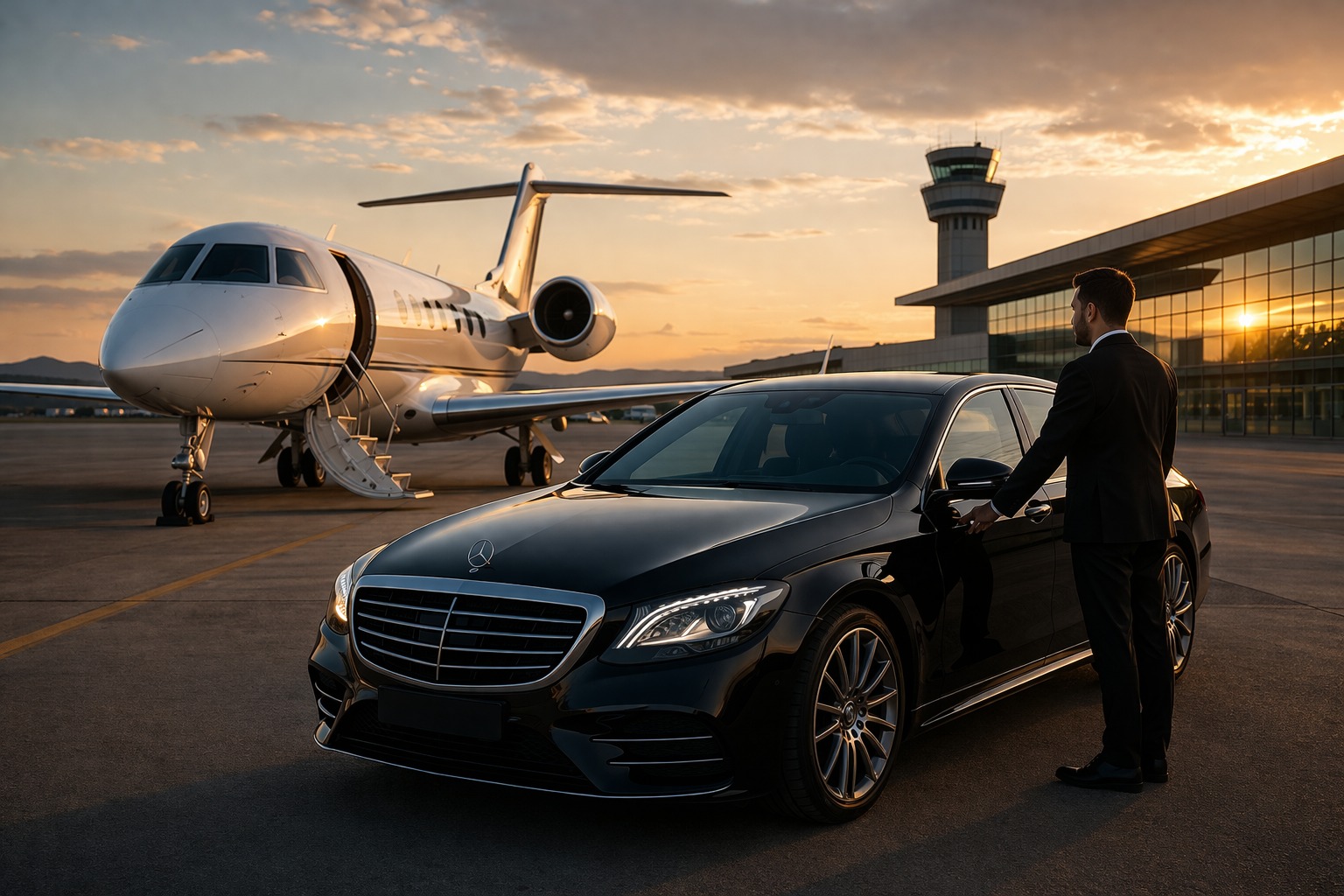 Servicio VIP premium junto a un jet privado